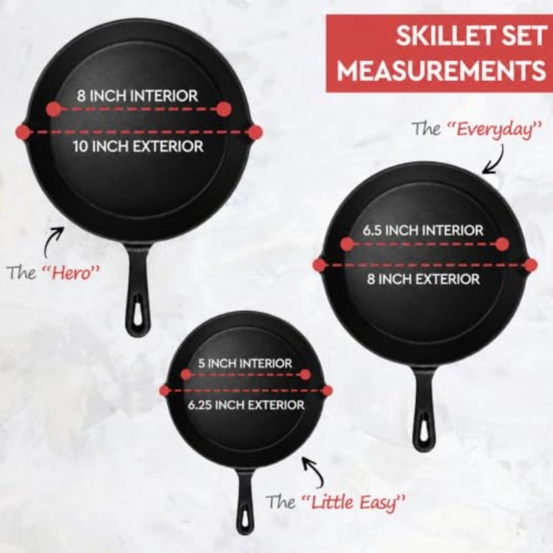 Cast Iron Skillet 3-Piece Set - Best Heavy-Duty Professional Restaurant Chef Quality Pre-Seasoned Pan Cookware Set - 10", 8", 6" Pans - Great For Frying, Saute, Cooking, Pizza and More, Black - Image 3