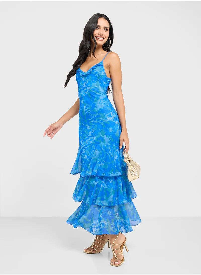جينجر Strappy Blurred Print Dress With Frill Hem