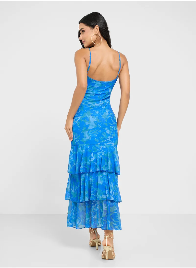 جينجر Strappy Blurred Print Dress With Frill Hem