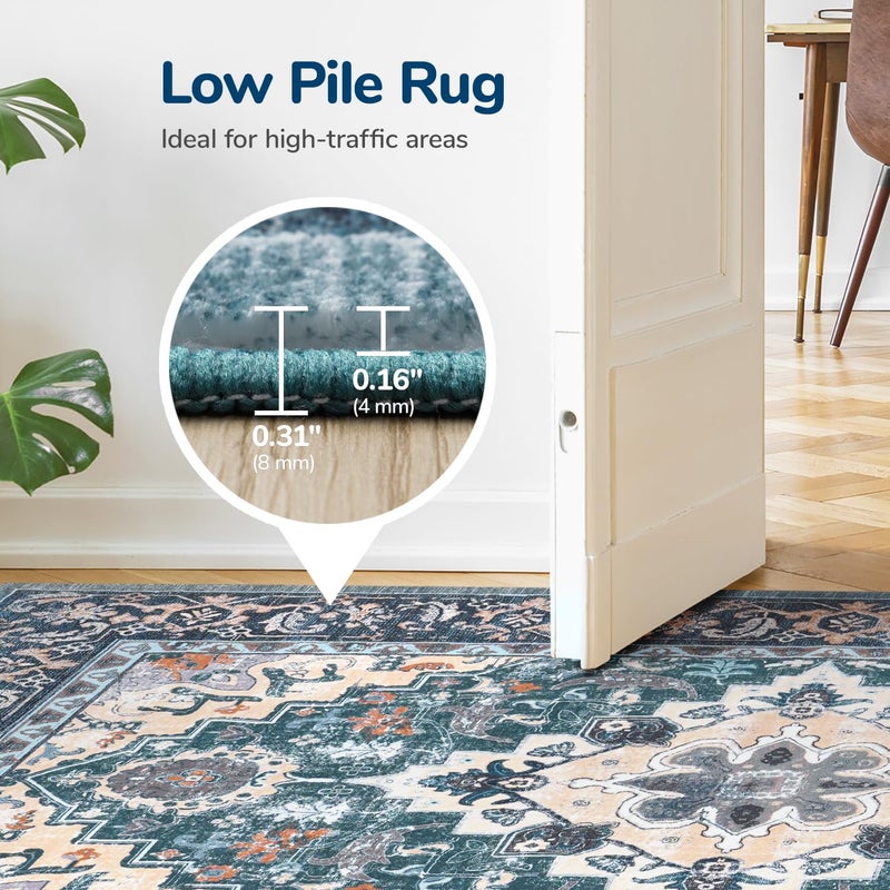 Lessymo 8 x 10 Area Rugs for Living Room, Machine Washable Area Rugs Boho Faux Wool Low Pile Area Rug for Bedroom, Floral Medallion Vintage Rugs with Non-Slip Rubber, Kid & Pet Friendly,Dark Green - Image 5