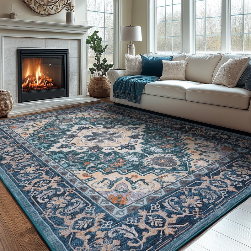Lessymo 8 x 10 Area Rugs for Living Room, Machine Washable Area Rugs Boho Faux Wool Low Pile Area Rug for Bedroom, Floral Medallion Vintage Rugs with Non-Slip Rubber, Kid & Pet Friendly,Dark Green - Image 1