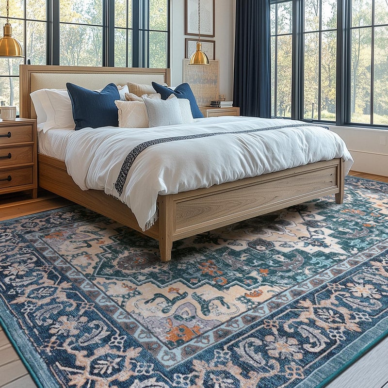 Lessymo 8 x 10 Area Rugs for Living Room, Machine Washable Area Rugs Boho Faux Wool Low Pile Area Rug for Bedroom, Floral Medallion Vintage Rugs with Non-Slip Rubber, Kid & Pet Friendly,Dark Green - Image 2