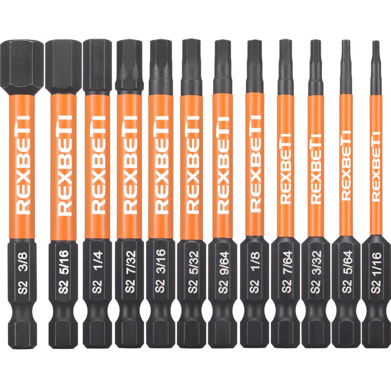 REXBETI REXBETI 12 Piece Hex Head Allen Wrench Screwdriver Bit Set, 1/4 Inch Hex Shank S2 Steel Magnetic 3 Inch Long Drill Bits, 1/16-3/8 Inch(Hex Head)  - Image 1