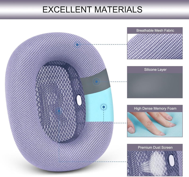 GEVO Upgraded Ear Cushions Replacement Earpads for 2024 New Apple AirPods Max Headphones, Mesh Fabric Ear Pads Cover with Memory Foam and Magnet for AirPods Max Fresh Color (Purple) - Image 4