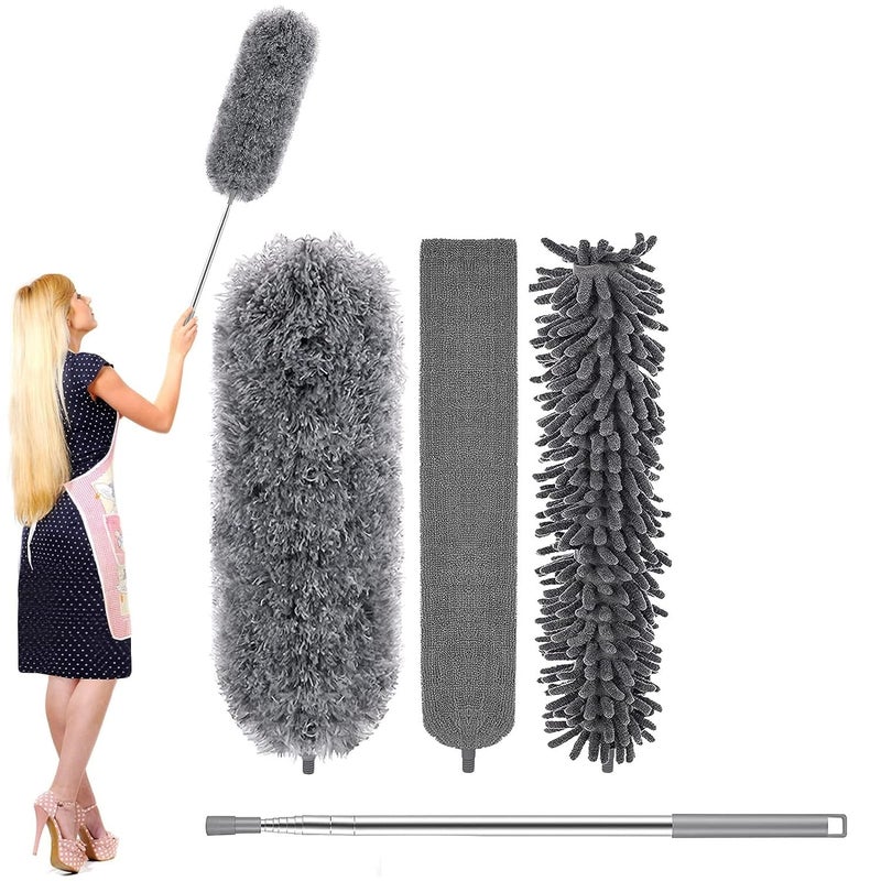 Suicune Microfiber Feather Duster Set with Extension Pole Long Dust Brush and Protective Head for Cleaning Roof Blinds Cobwebs Ceiling Fan