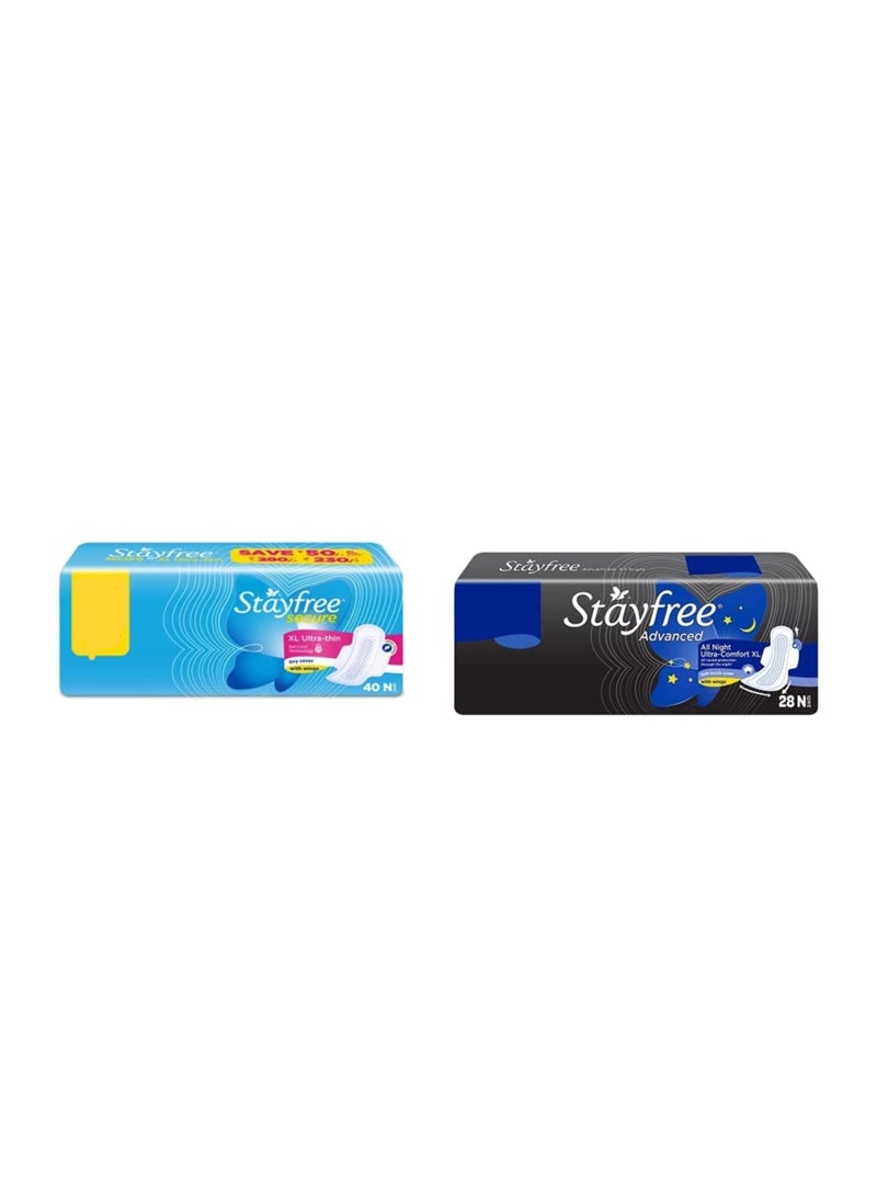 Stayfree - Stayfree Secure XL Ultra Thin Sanitary napkins (40 Count) & Stayfree Advanced XL All Night Sanitary napkins (28 Count) - Image 1