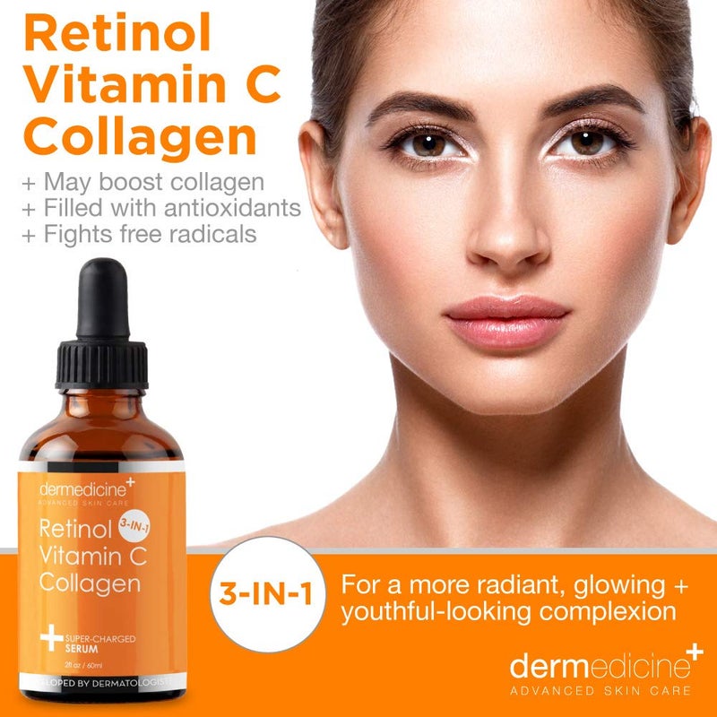 Dermedicine Retinol Vitamin C Collagen | Super Charged Anti-Aging Serum for Face | Pharmaceutical Grade Quality | Helps Smooth & Plump Fine Lines & Wrinkles & Brightens for Younger Skin | 2 fl oz / 60 ml - Image 1