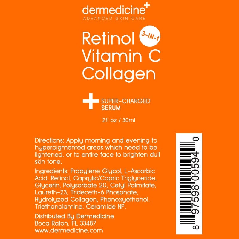 Dermedicine Retinol Vitamin C Collagen | Super Charged Anti-Aging Serum for Face | Pharmaceutical Grade Quality | Helps Smooth & Plump Fine Lines & Wrinkles & Brightens for Younger Skin | 2 fl oz / 60 ml - Image 4