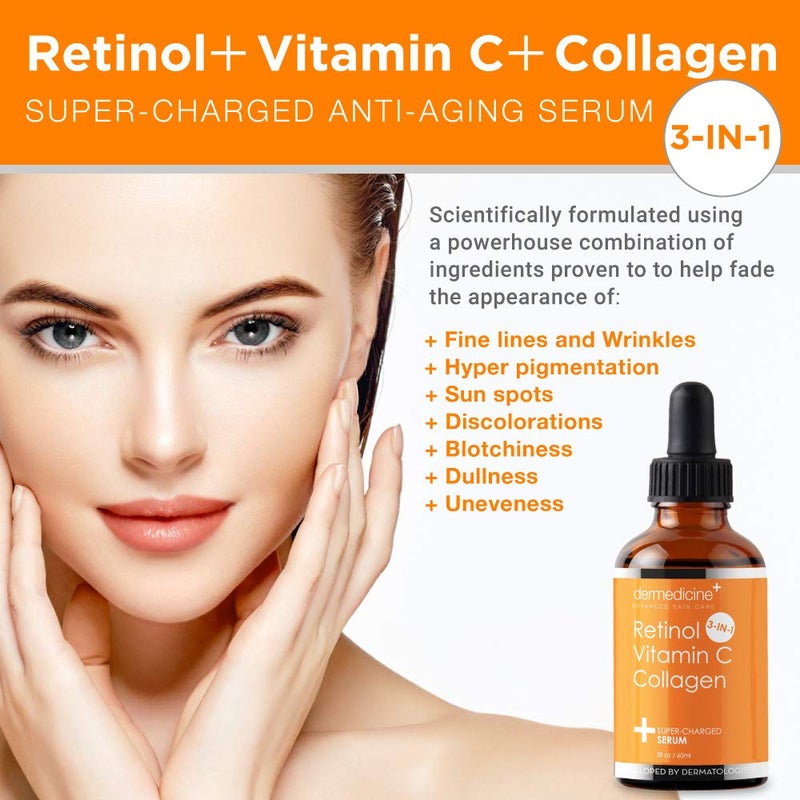 Dermedicine Retinol Vitamin C Collagen | Super Charged Anti-Aging Serum for Face | Pharmaceutical Grade Quality | Helps Smooth & Plump Fine Lines & Wrinkles & Brightens for Younger Skin | 2 fl oz / 60 ml - Image 2