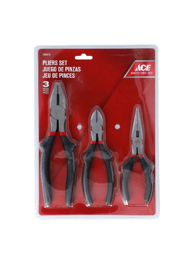 ACE 3-Piece Long Nose, Combination and Diagonal Plier Black and Silver 6 Inch 20180118024