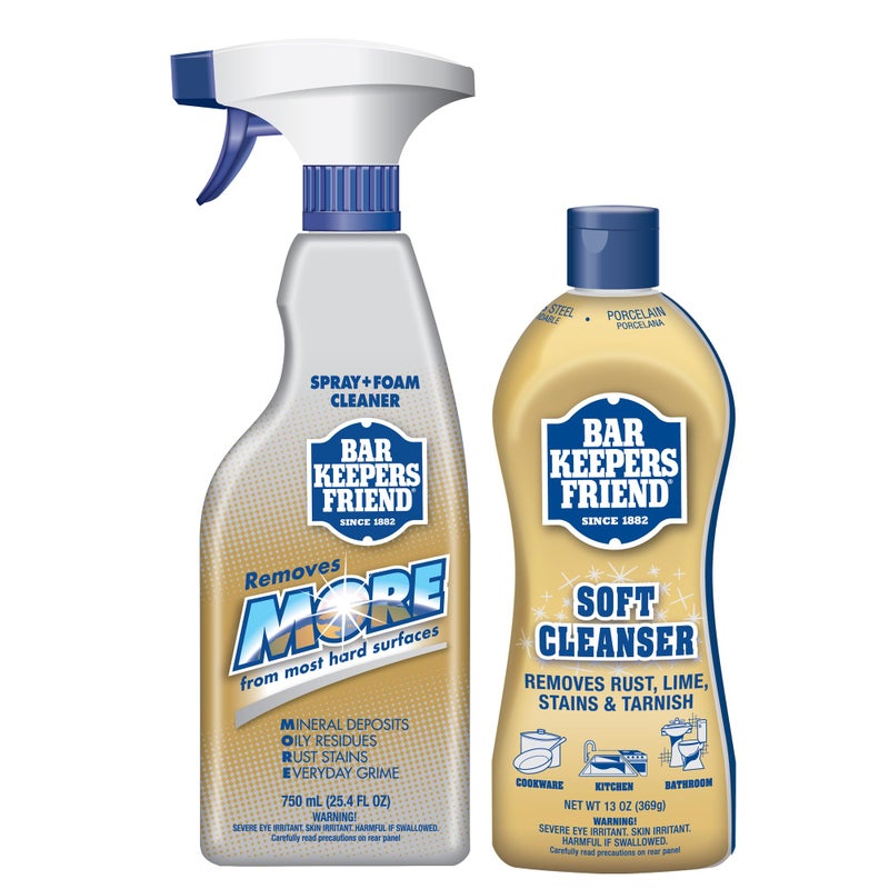 Bar Keepers Friend Soft Cleanser (13 oz) and MORE Spray + Foam (25.4 oz) Multipurpose Cleaner Bundle, Stain & Rust Remover for Multi Surface Bathroom, Kitchen & Outdoor Cleaning - Image 1