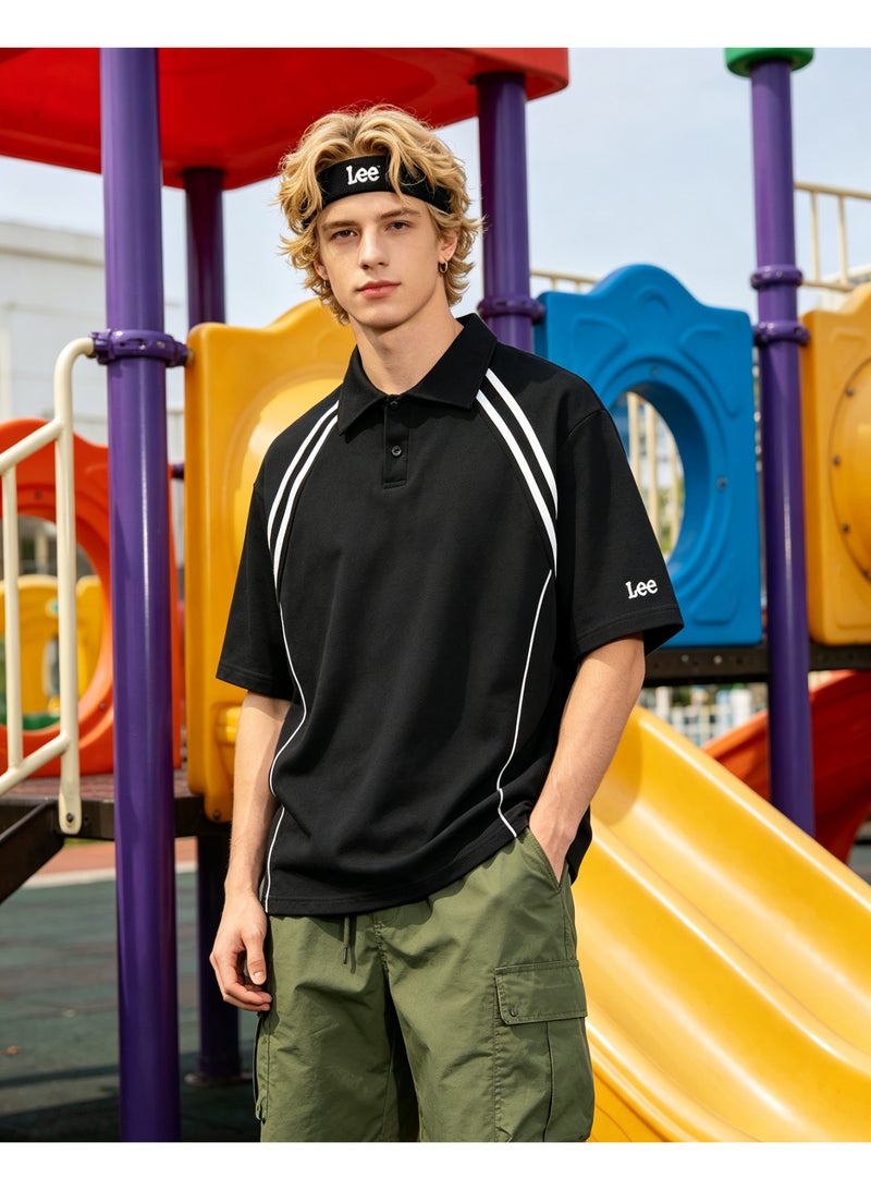 LEE Shoulder-inserted parallel bars short-sleeved Polo men's and women's summer beaded cotton sports casual tops - Image 1