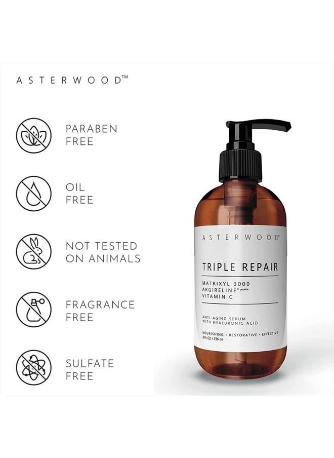 Asterwood Naturals - Asterwood Triple Repair Matrixyl 3000 + Argireline + Hyaluronic Acid + Organic Vitamin C Serum for Face; Anti-Aging Face Serum, Anti-Wrinkle Serum, Facial Skin Serum Skin Care Products, 237ml/8 oz - Image 1