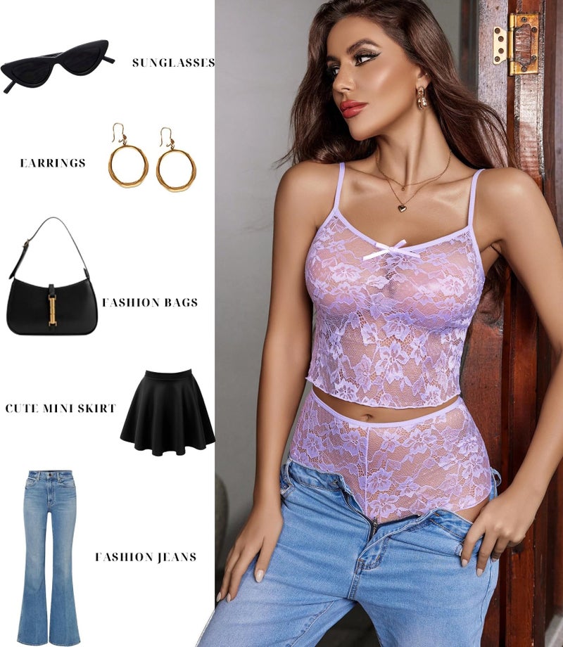 GirlFriend Lace Bra and Panty Set V Neck Babydoll Lingerie 2 Piece Mesh Bralette Set for Wife, Women Wedding Valentine Special Night Occasion Festival Purple - Image 4