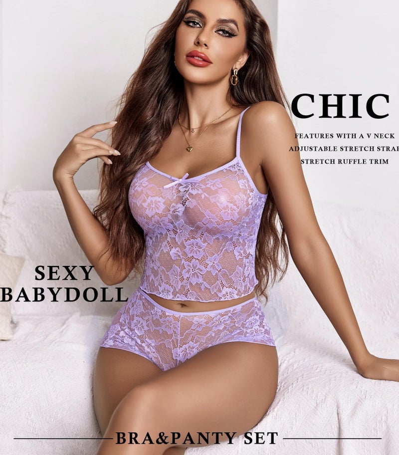 GirlFriend Lace Bra and Panty Set V Neck Babydoll Lingerie 2 Piece Mesh Bralette Set for Wife, Women Wedding Valentine Special Night Occasion Festival Purple - Image 2