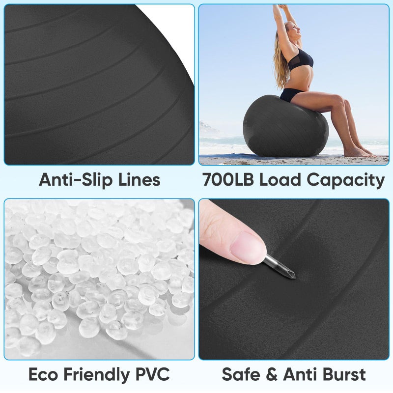 APEXUP Yoga Ball Exercise Ball, Anti Slip Stability Ball Chair, Heavy Duty Large Gym Ball for Fitness, Balance, Core Workout and Physical Therapy (L (23"~26") 65cm, Black) - Image 2
