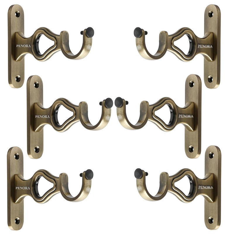 Penora Decorative Curtain Rod Holder Brackets Parda Holders with Support 1 Inch Rod Pocket Finials Door and Window Fittings for Home Decor Brass Antique Pack of 6 - Image 1
