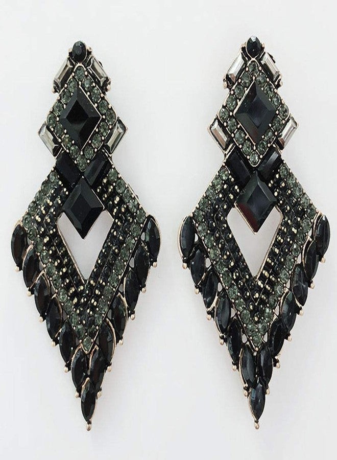 Secret for Longevity Very Large Art Deco Antique Vintage Style Black Jet Onyx Grey Marcasite Rhinestone Bridal Bridesmaid Wedding Prom Pageant Drag Queen Statement Earrings - Image 2