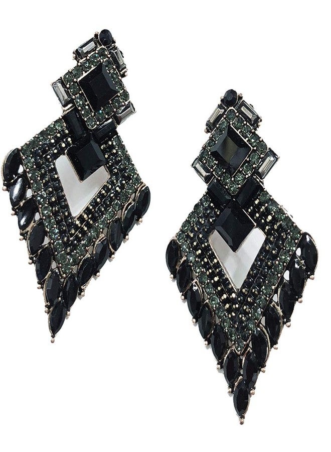 Secret for Longevity Very Large Art Deco Antique Vintage Style Black Jet Onyx Grey Marcasite Rhinestone Bridal Bridesmaid Wedding Prom Pageant Drag Queen Statement Earrings - Image 1