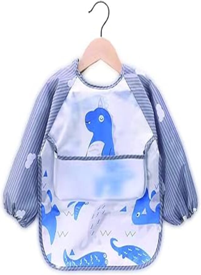 Mix and Max Mix&Max Baby Bib Long Sleeves With Silicone Pocket Printed Animals For Unisex-Blue