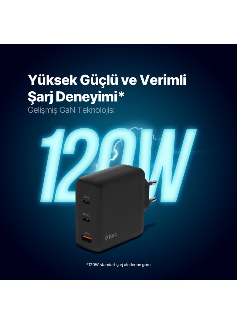 TTec - Smartcharger Trio Gan 120W Pd Travel Fast Charger 2 Usb-C+Usb-A - Image 1