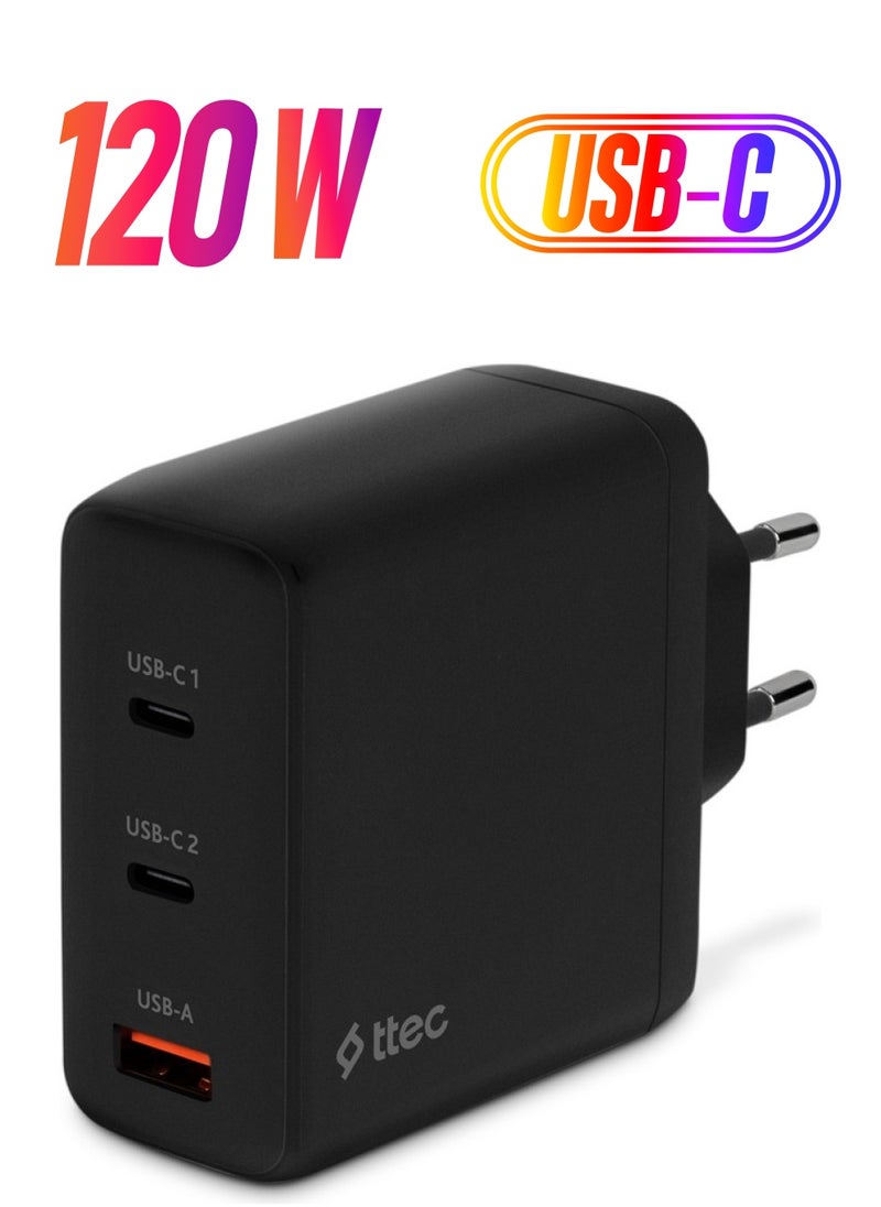 TTec - Smartcharger Trio Gan 120W Pd Travel Fast Charger 2 Usb-C+Usb-A - Image 1