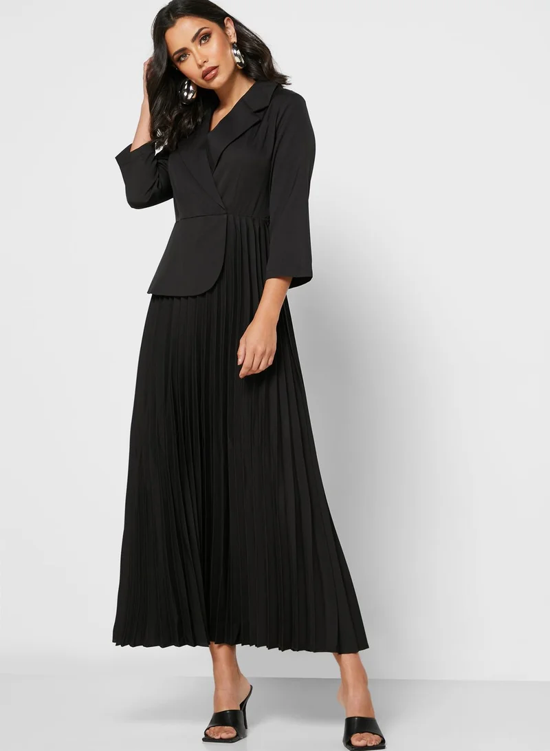 Wrap Front Pleated Skirt Midi Dress
