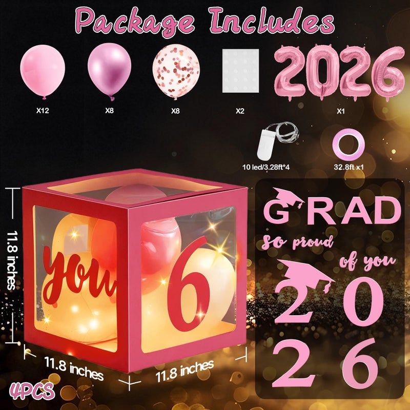AYGXU Graduation decorations class of 2026 pink- Graduation Decorations, Balloons Box (4PCS) with letters&balloons,balloon stand set for table,LED String Light,graduation party decorations - Image 2