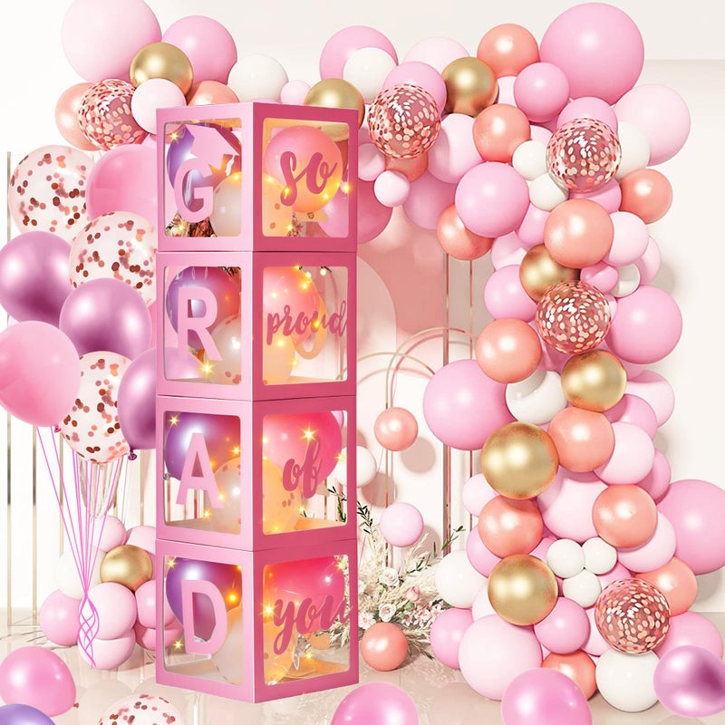 AYGXU Graduation decorations class of 2026 pink- Graduation Decorations, Balloons Box (4PCS) with letters&balloons,balloon stand set for table,LED String Light,graduation party decorations - Image 4