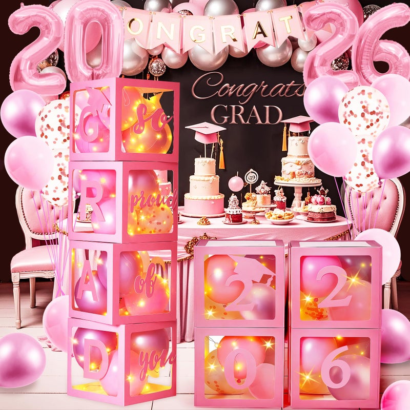 AYGXU Graduation decorations class of 2026 pink- Graduation Decorations, Balloons Box (4PCS) with letters&balloons,balloon stand set for table,LED String Light,graduation party decorations - Image 5