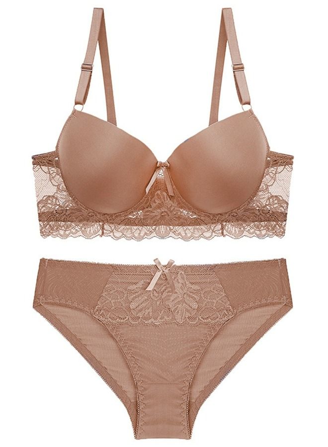 Solid Color B C Cup Thin Cup Lace Bra Panty Set Beige