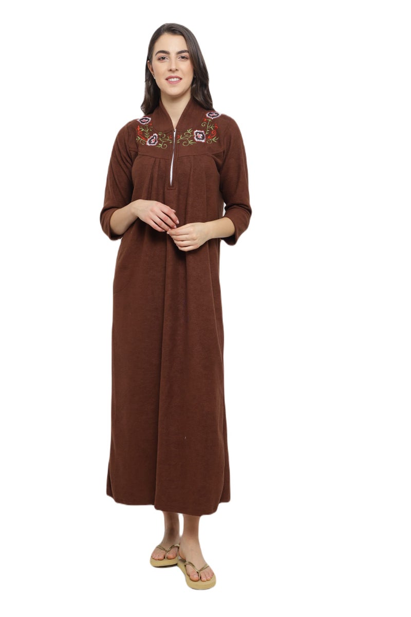 CIERGE Women's Fleece Solid Maxi Length Nighty (CIERGE VELVET_Brown_Free Size) - Image 1