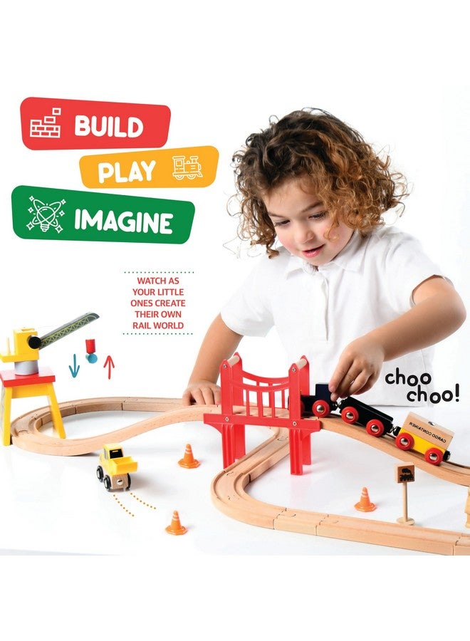 Play22 Wooden Train Set Toddler Toys - 38 Pcs Wood Train Track Set for Toddlers 3-4 Years with Crane, Bridge & Accessories - Compatible with All Major Brands - Image 3