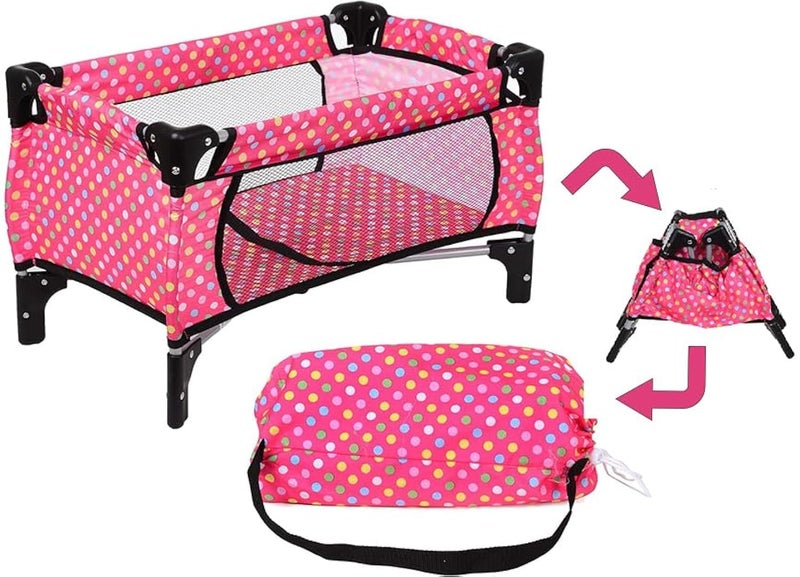 fash n kolor Doll Playpen Crib 22 Pink Polka Dot Baby Doll Crib Foldable Baby Doll Play Yard with Mesh Sides Fits 18 Dolls Pretend Nursery Accessory for Kids - Image 4
