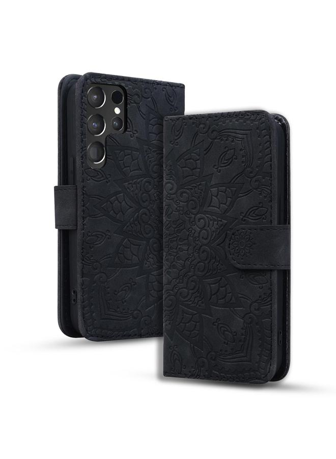S-TOP Case For Samsung Galaxy S25 Ultra 5G Mandala Embossed Dual-Fold Calf Leather Phone Case