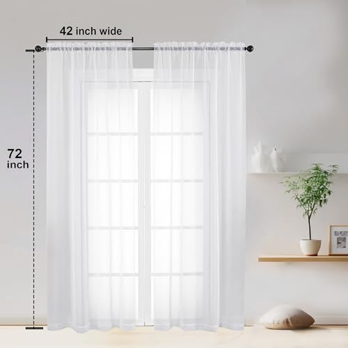 OWENIE White Sheer Curtains 72 Inches Long 2 Panels, Transparent Voile Sheer White Curtains Double Rod Pocket Gauze Drapes for Living Room Bedroom Window Sliding Glass Door Treatment, 42 x 72 Inch - Image 5