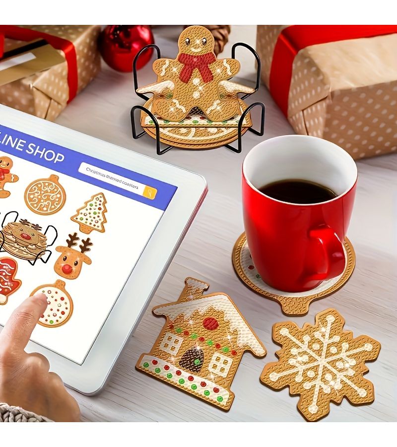 DIY Diamond Painting Christmas Coaster Kit 8 Pieces Acrylic Diamond Art Coasters And Holder Polychrome 10x10cm Holiday Party Decoration Gift Set For Ages 14 And Up - Image 5
