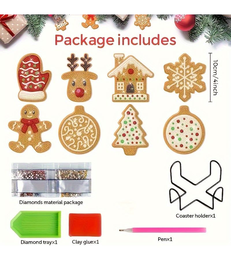 DIY Diamond Painting Christmas Coaster Kit 8 Pieces Acrylic Diamond Art Coasters And Holder Polychrome 10x10cm Holiday Party Decoration Gift Set For Ages 14 And Up - Image 2