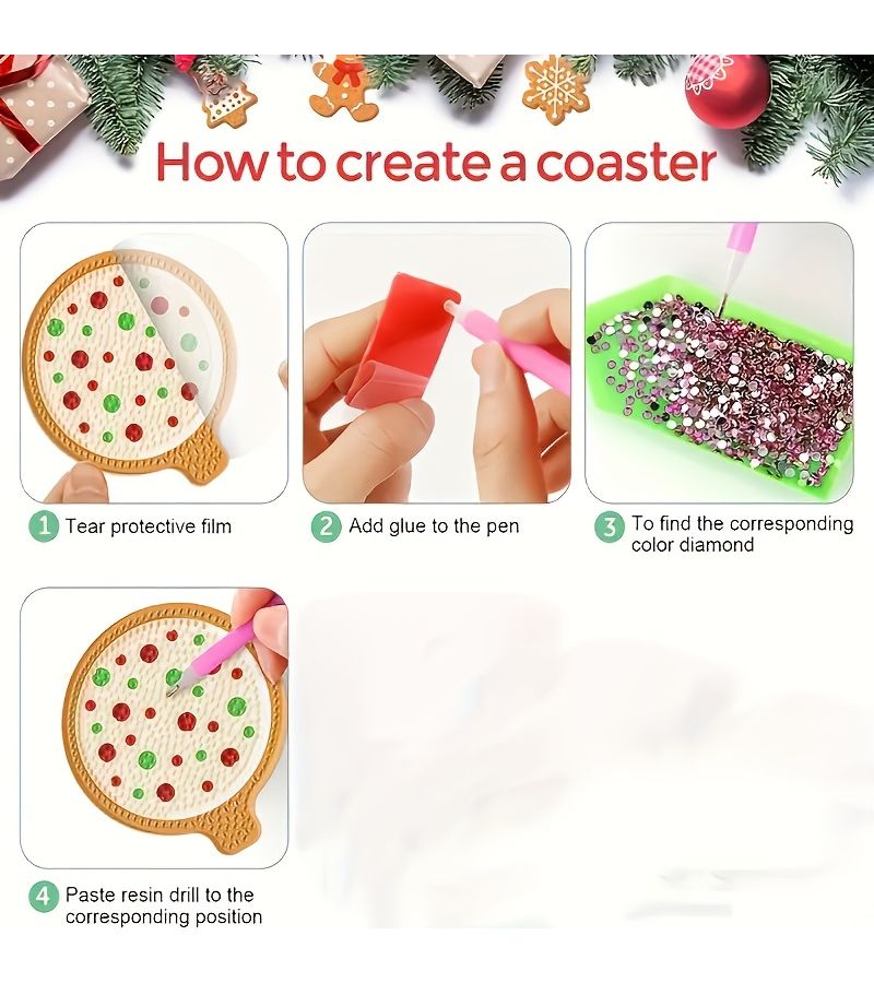 DIY Diamond Painting Christmas Coaster Kit 8 Pieces Acrylic Diamond Art Coasters And Holder Polychrome 10x10cm Holiday Party Decoration Gift Set For Ages 14 And Up - Image 4
