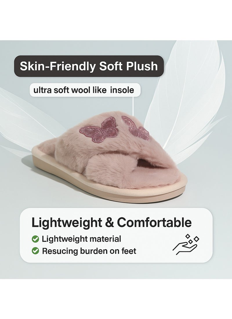 Monami Monami Women’s Faux Fur House Slippers – Soft Memory Foam Indoor Slides with Butterfly Design, Non-Slip Sole & Open Toe – Fluffy Vegan Bedroom Sandals for Comfort, Travel, Lounge & Daily Home Wear  - Image 2