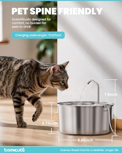 tomxcute Cat Water Fountain Stainless Steel - 108oz/3.2L Large Capacity Cat Fountain for Drinking, Ultra Quiet Metal Pet Water Fountain for Cats, Small Dogs, Multiple Pets - Image 5