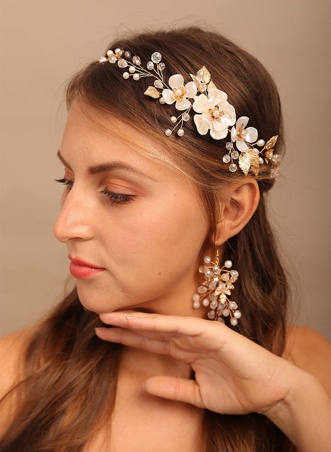 YERTTER Elegant Crystal Faux Pearl Flower Bridal Wedding Beads Women Headband Bridal Headpiece (Gold) - Image 2