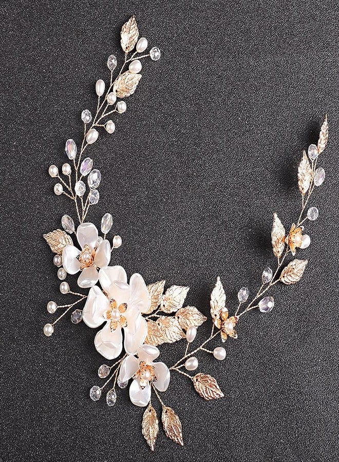 YERTTER Elegant Crystal Faux Pearl Flower Bridal Wedding Beads Women Headband Bridal Headpiece (Gold) - Image 5