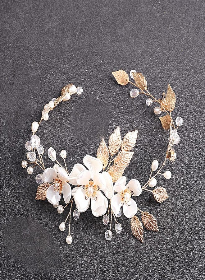 YERTTER Elegant Crystal Faux Pearl Flower Bridal Wedding Beads Women Headband Bridal Headpiece (Gold) - Image 3