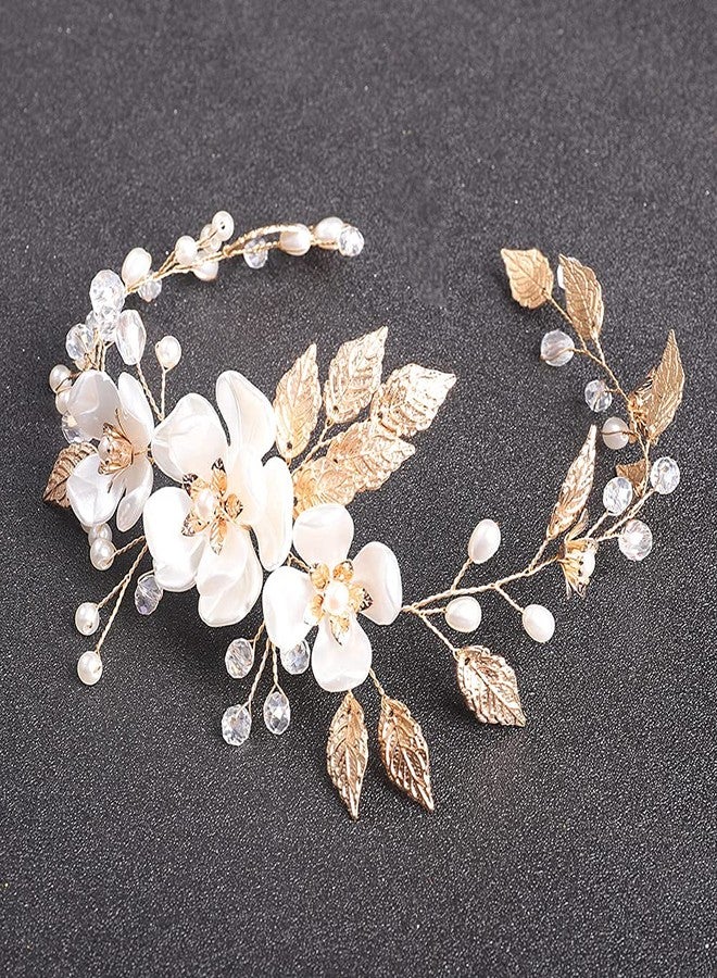 YERTTER Elegant Crystal Faux Pearl Flower Bridal Wedding Beads Women Headband Bridal Headpiece (Gold) - Image 4