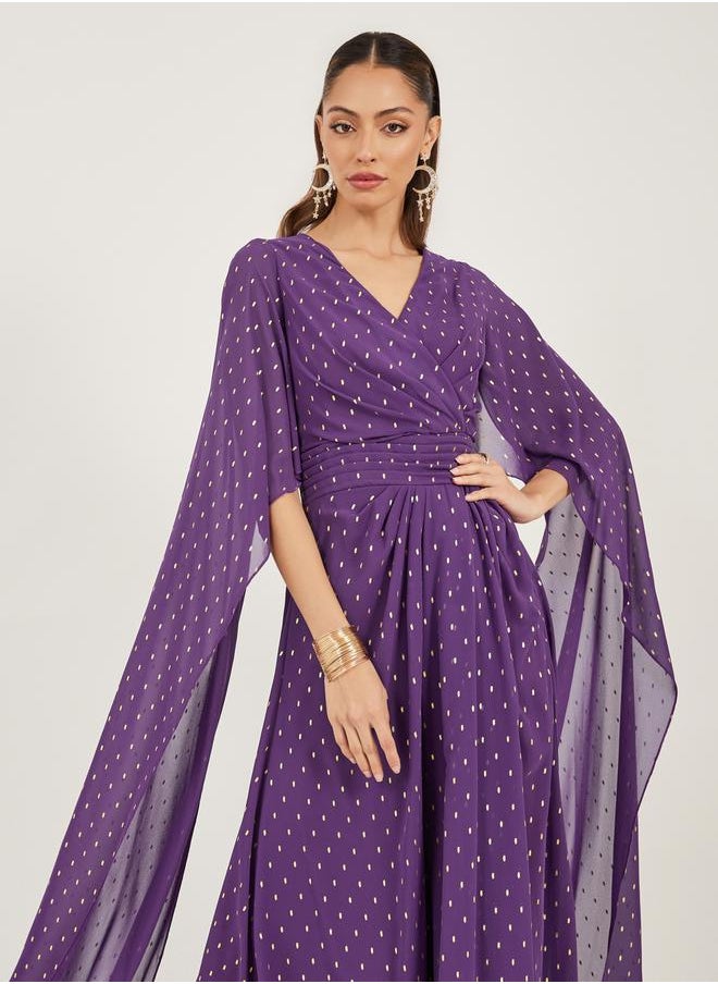 Styli Foil Print Cape Sleeve V Neck A-Line Maxi Dress  - Image 3