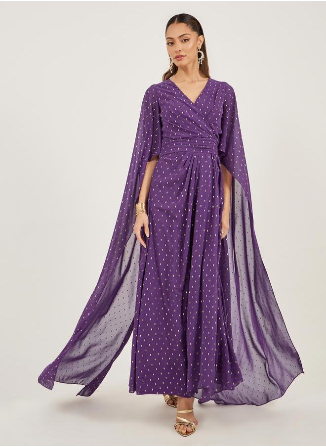 Styli Foil Print Cape Sleeve V Neck A-Line Maxi Dress  - Image 1