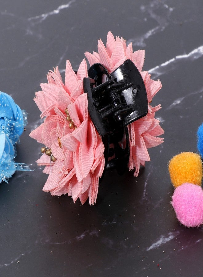 Honbon clutcher Fashion Fabric Pink color Hair Clip Flower with golden stone Hair Clutcher hair pins for women girls stylish (Pack Of 1) - Image 3