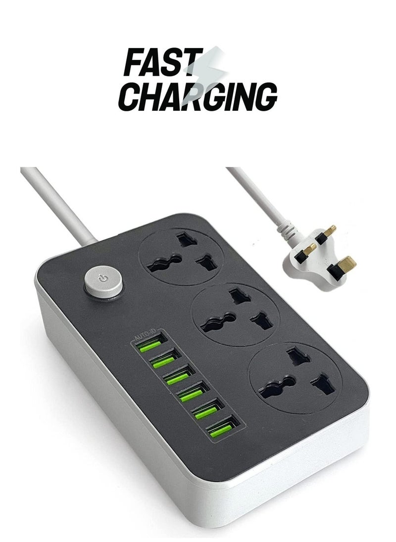 Raxoom Power Strip Extension Cord with 3 Outlets and 6 USB Ports â€“ 2M Heavy-Duty Extension Cable - Image 1