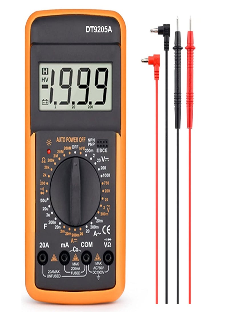 DT9502A Digital Ammeter Voltmeter Multifunction Multimeter Intelligent Digital Multimeter AC/DC Resistance Capacitance Transistor Tester Backlight NCV Ammeter Ships Without Battery Yellow - Image 2